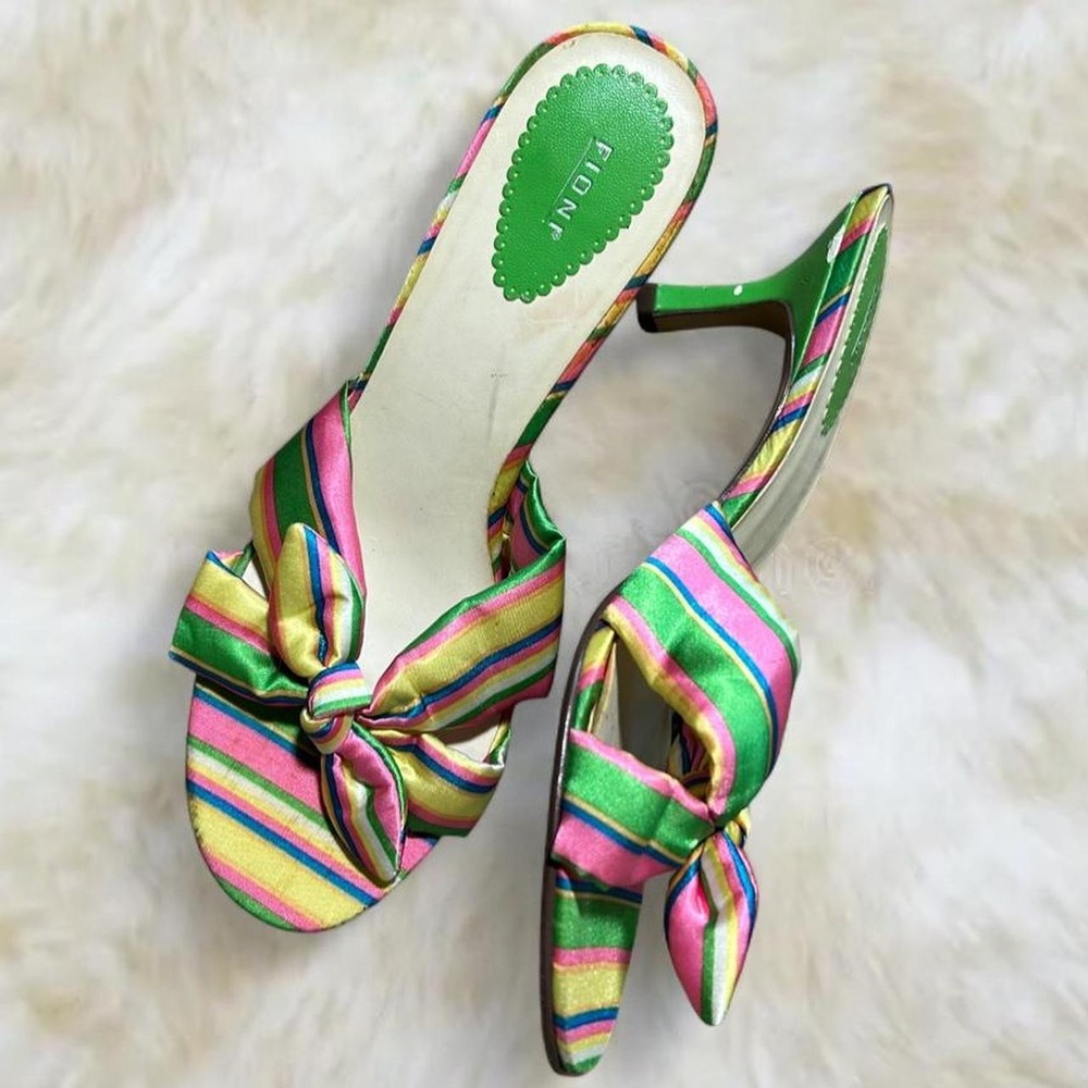 Fioni Y2K Multicolor Striped Bow Kitten Heels Women's Size 7.5 Retro 90s Shoes